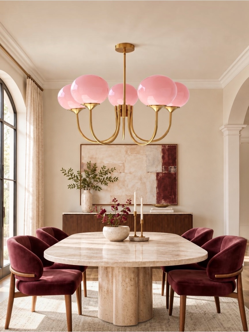 NEW Anthropologie 5-Light Gold Pink Chandelier Retro Boho Light Ceiling Fixture